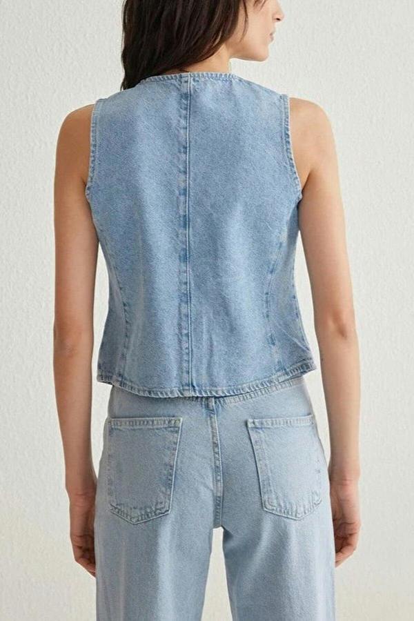 WOVCOR Floral Embroidered V-Neck Denim Vest