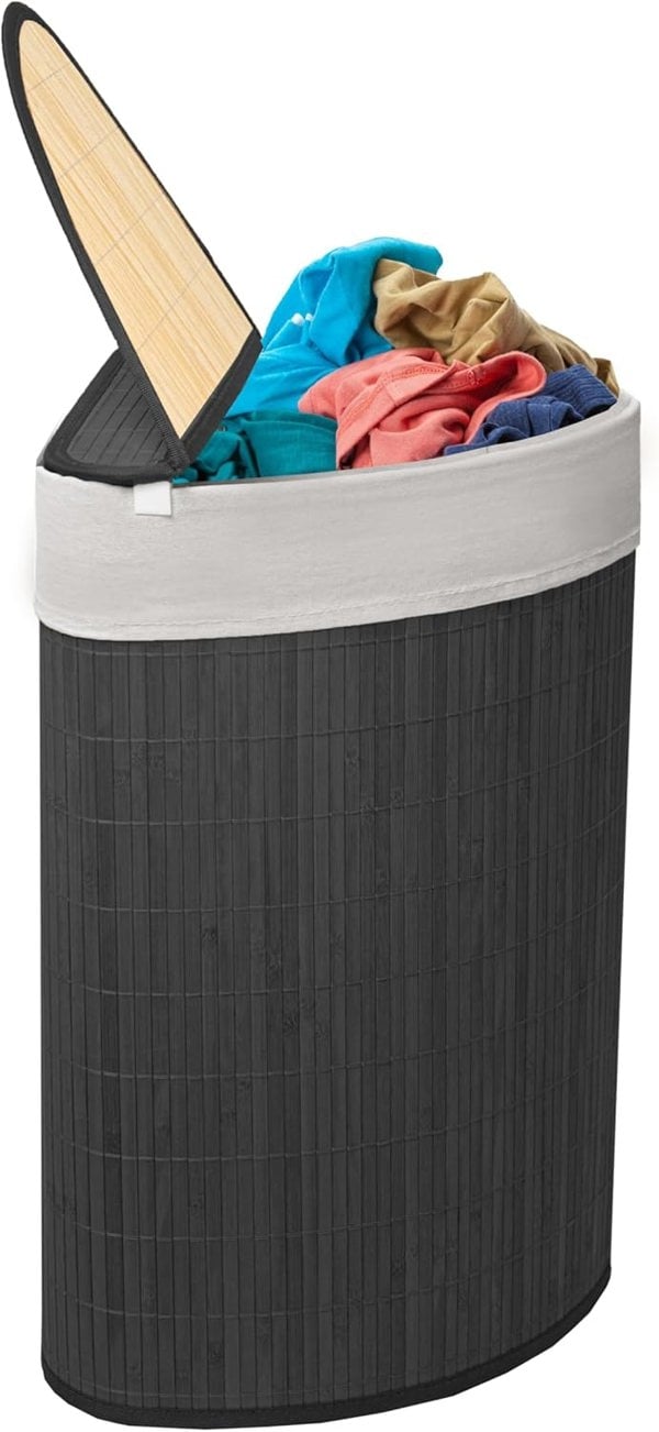 MANTRARAJ 58L Bamboo Laundry Basket Triangle Foldable Storage Hamper With Removable Cover and Lid Black