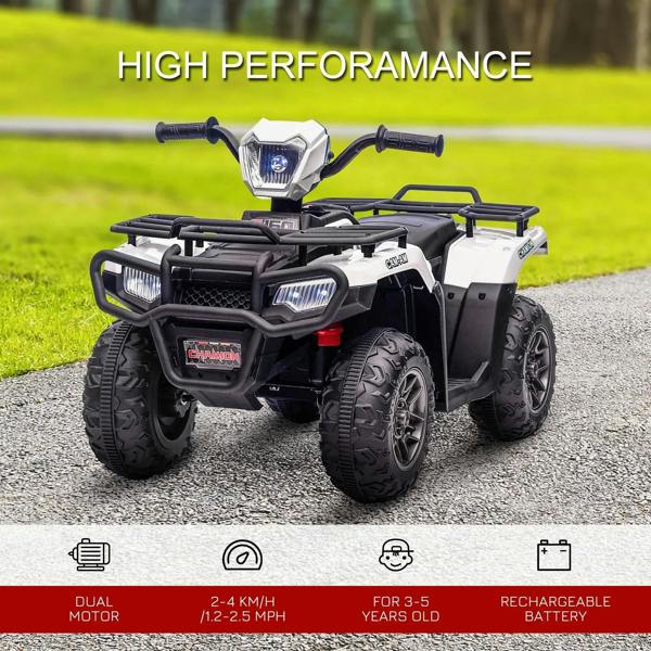 White and black kids quad bike on outdoor path with blue LED headlights and front grille.