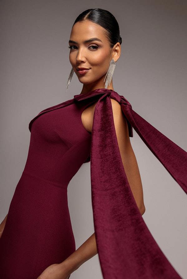 One Shoulder Velvet Satin Bow Cape Maxi Dress - Burgundy DR5021