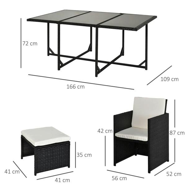 Black rattan dining table with cushioned chairs and ottoman stools, size view
