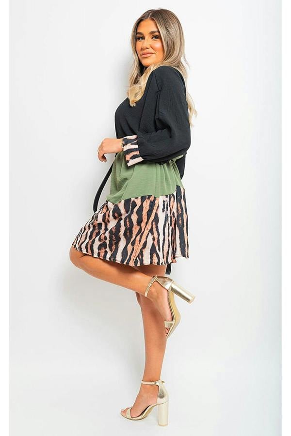 Clare Long Sleeve Leopard Trim Print Oversized Mini Dress - Khaki