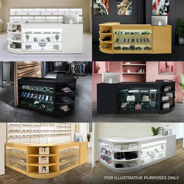 Theia LED Shop Counter Set featuring sleek white, black, and wood designs with glass displays for showcasing products