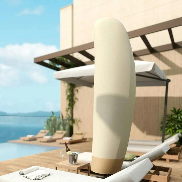 Beige cantilever umbrella cover over umbrella, side view outdoors with base stand