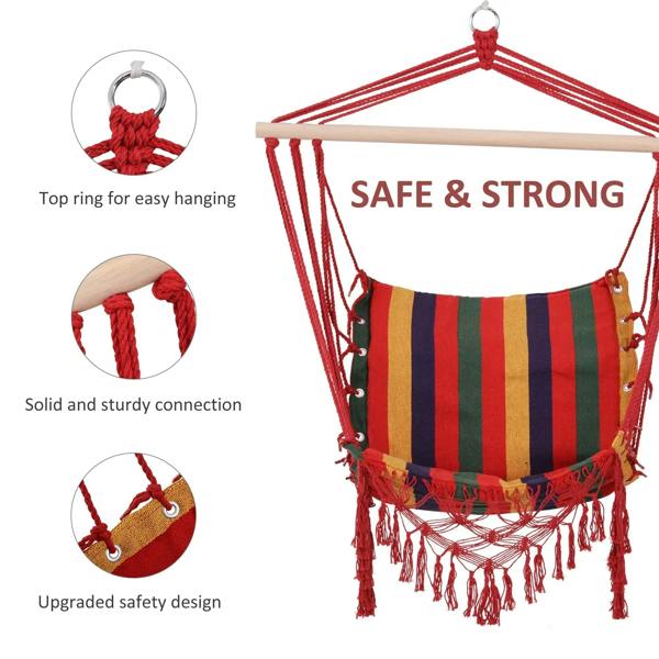 Multicolor striped hammock chair swing with red top ring, braided ropes, and fringed seat
