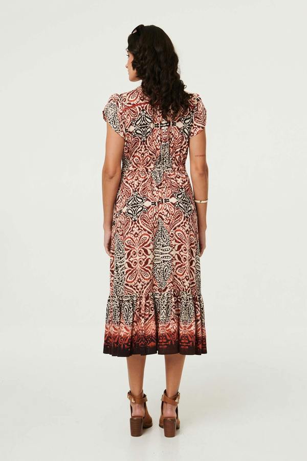 Red | Printed Cap Sleeve Midi Dress