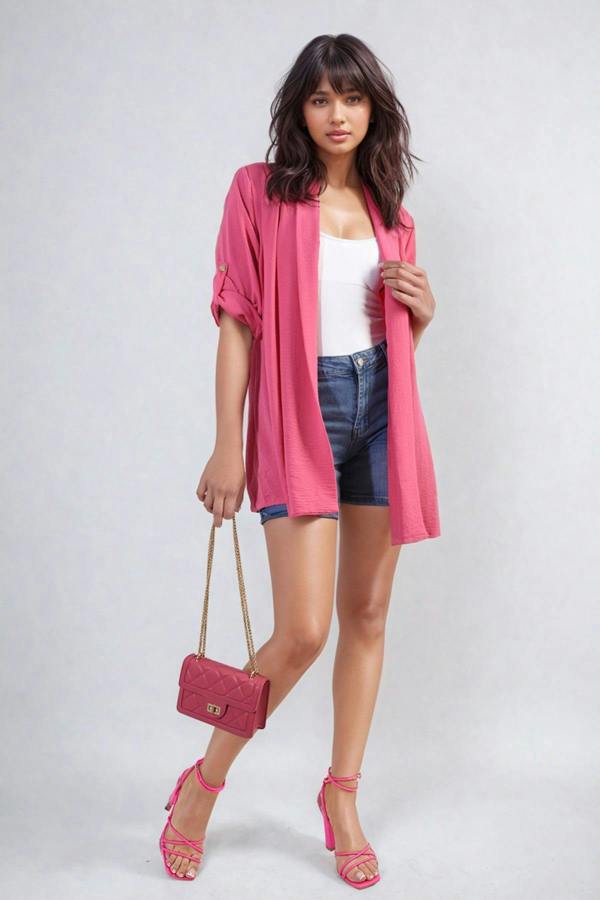 Vivian Open Front Roll Up Sleeve Cardigan - Fuschia