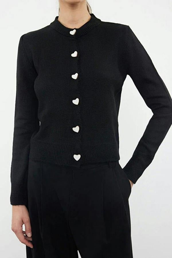 WOVCOR Soft-Textured Knit Cardigan with Jewelry Button Detail