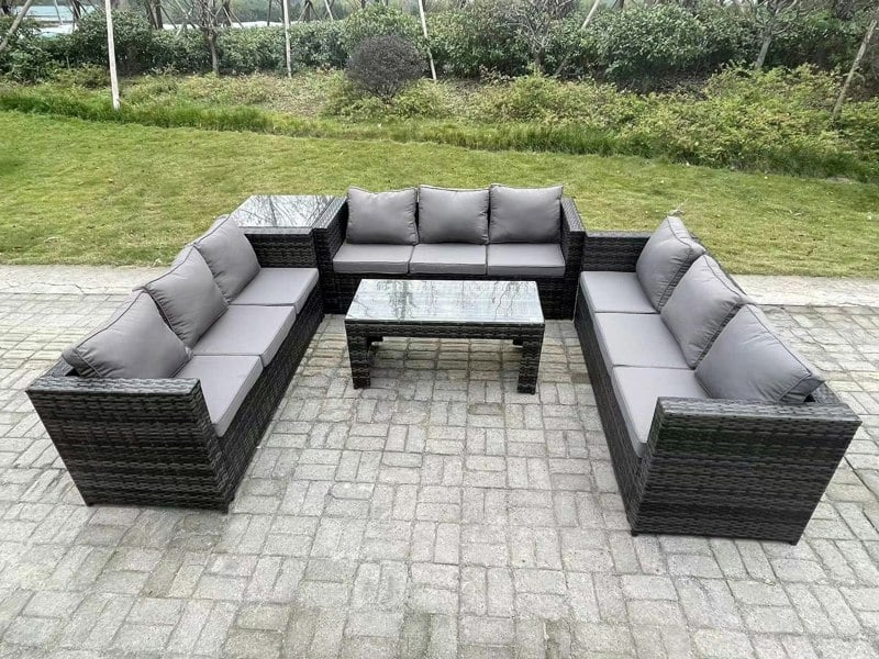 Fimous Outdoor Rattan Garden Furniture Lounge Sofa Set With Oblong Rectagular Coffee Table And Side Table