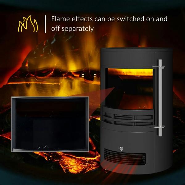Black electric fireplace heater with log burner flame effect and side metal handles