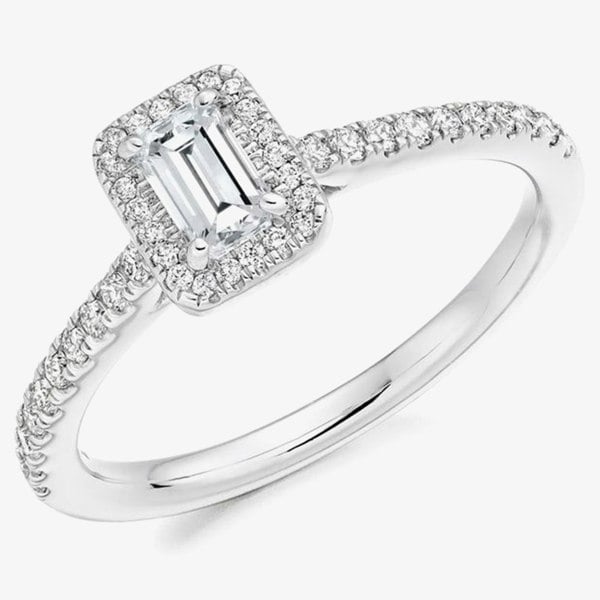 T. H. Baker Platinum Halo Cluster Emerald-Cut Diamond Engagement Ring (L) ENG4043