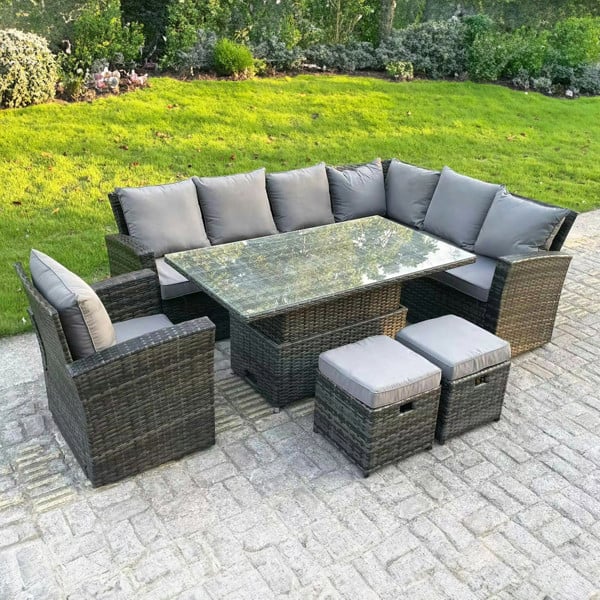 Fimous 9-Seater Rattan Corner Sofa Dining Set | High Back, Adjustable Rising Table - Dark Grey
