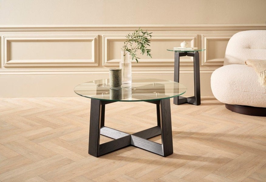 Cadiz Small Round Coffee Table with Clear Glass Top & Natural Black Oak Base by Gillmore British Design © GillmoreSPACE Limited
