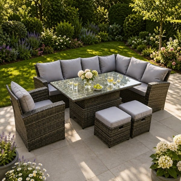 Fimous 9 Seater Rattan High Back Corner Sofa Dining Set with Adjustable Table, 1 Chair & 2 Footstools - Dark Grey