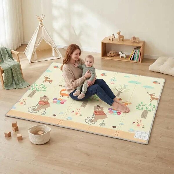 Foldable Reversible Baby Play Mat 180 x 150 cm, Waterproof, Non-Slip for Crawling and Learning, Animals & Forest Theme - multi-colored