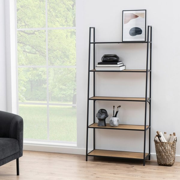 Furniture To Go Seaford Black Metal Ladder Bookcase with 5 Oak Shelves