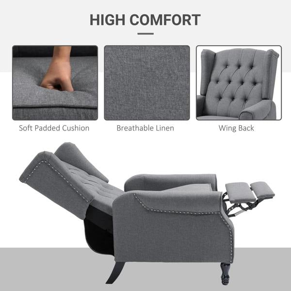 Light gray reclining wingback chair with tufted back and padded seat