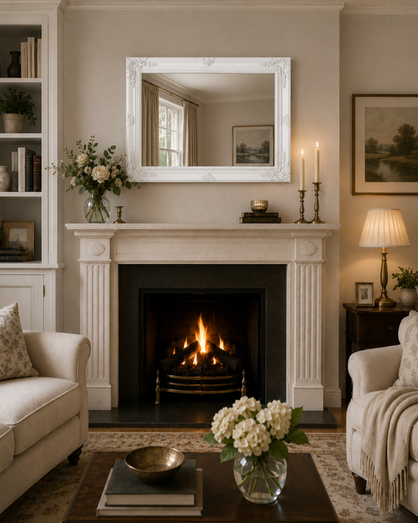 Downton Interiors Large Antique Style White Wood Frame Wall Mirror 90cm x 65cm