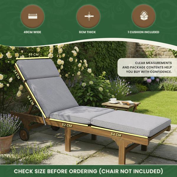 Steamer Chair Cushion – Outdoor Garden Seat Pad with 6cm Padding, Washable Cover & Adjustable Straps, Grey, 49cm Wide