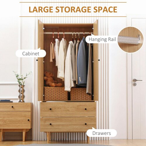 Wyld Haus Coramar Natural Wood 2 Door Wardrobe With Hanging Rail And 2 Drawers