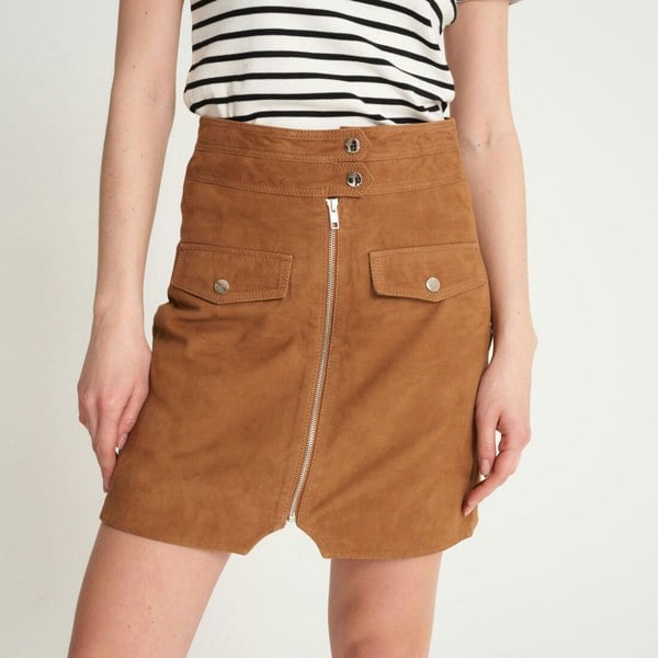 Image shows a close up shot of the goat suede zip skirt from Barneys Originals.