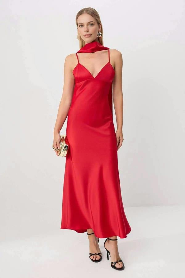 Hoxton Gal Maxi Satin Evening Dress with Shawl Detail