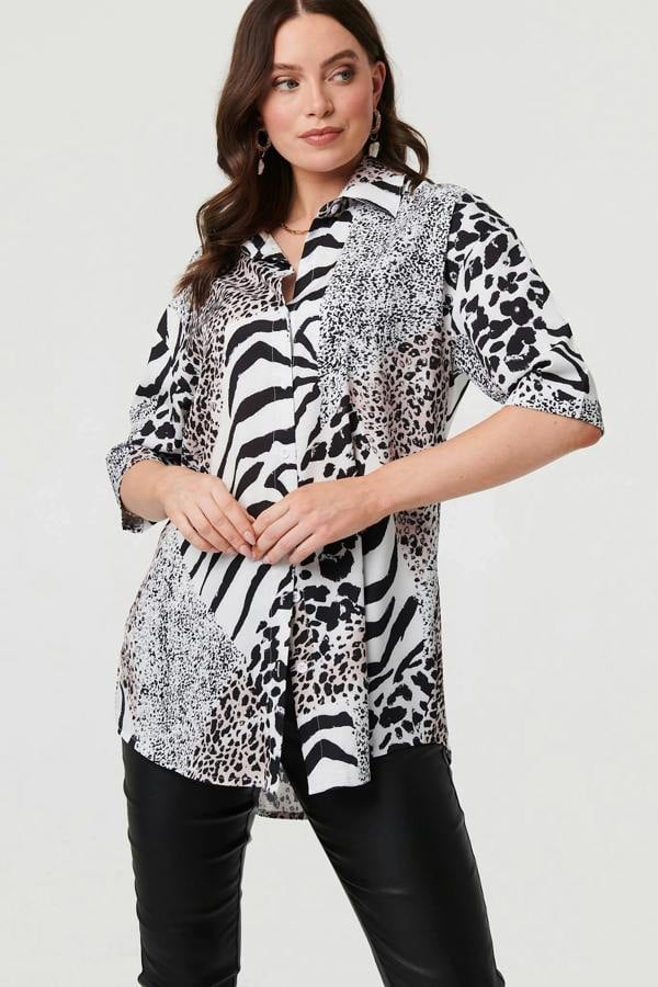 Black | Animal Print 1/2 Sleeve Longline Shirt