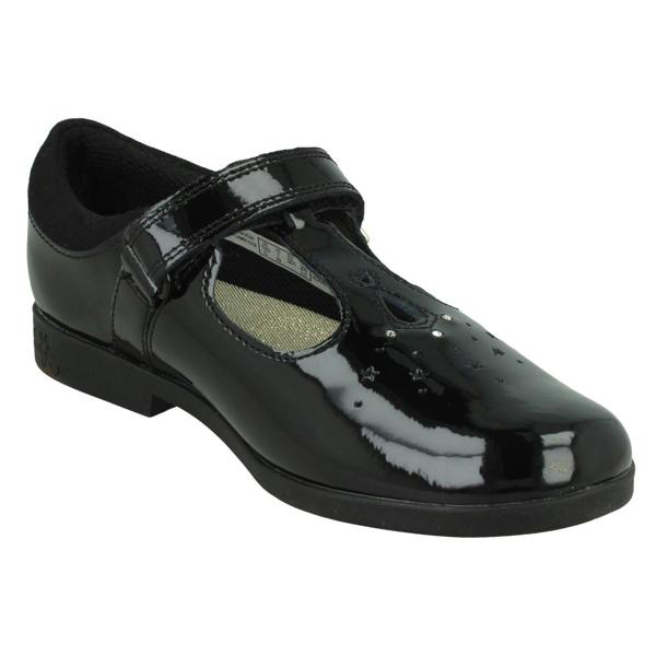 Clarks Girls Clarks Key Detail T-Bar School Shoes Lock Shine