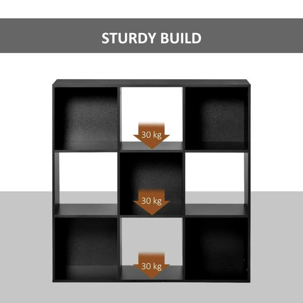 Black 9-cube storage unit with open cubbies and load-limit markers for stability
