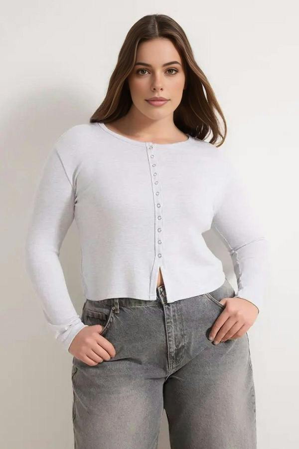 WOVCOR Snap Button Crop Length Basic Knitted Plus Size Blouse