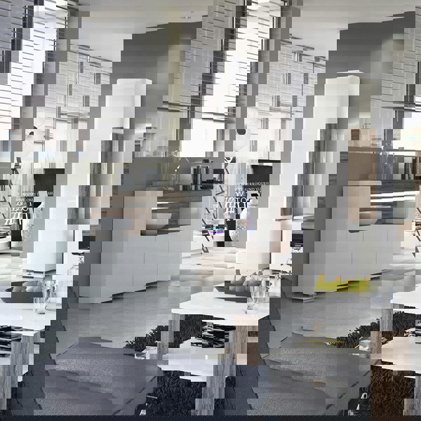 Furniture To Go Toronto 3 Door Sideboard with open shelving (inc. Plexi Lighting) In White and Oak