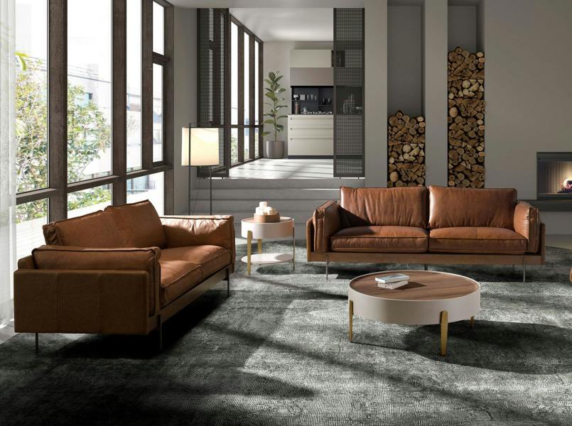 Angel Cerdá Round coffee table walnut, beige wood and polished golden steel 2151