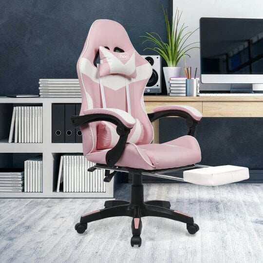 Neo Pink & White PU Leather Gaming Chair with Footrest