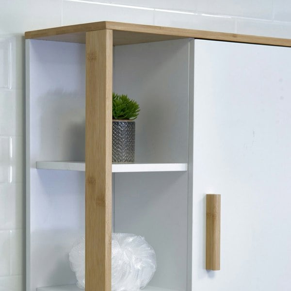 Showerdrape Cassino Matt White & Bamboo Wall Bathroom Cabinet with Display Shelves