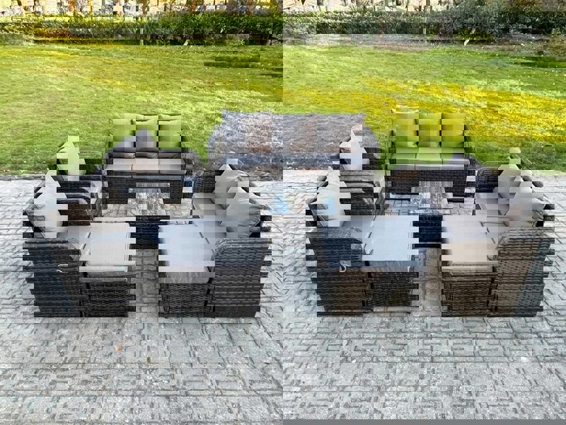 Fimous 9 Seater Outdoor Rattan Garden Furniture Set Conservatory Patio Sofa Coffee Table With 2 Big Footstool Love Sofa Dark Grey Mixed