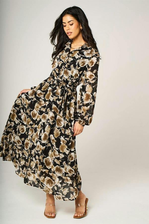 FS Collection Brown Floral Print Shirt Midi Dress In Black