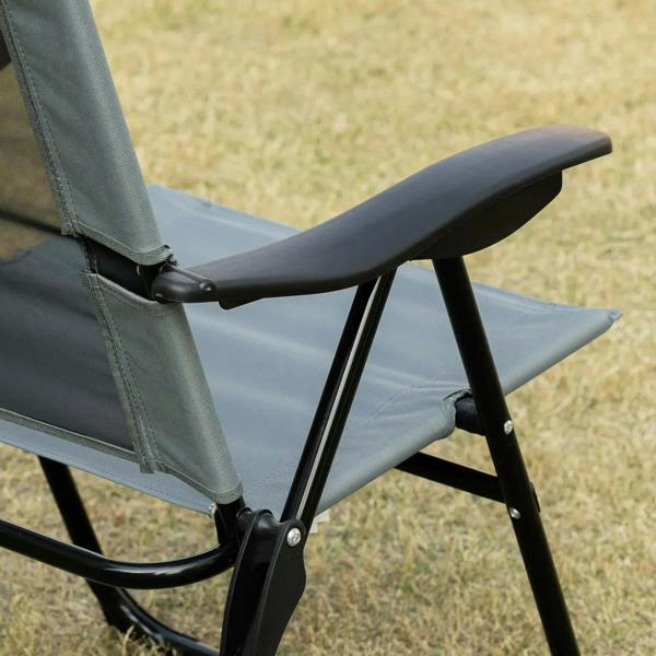 Grey adjustable recliner chair showing side armrest and black support frame