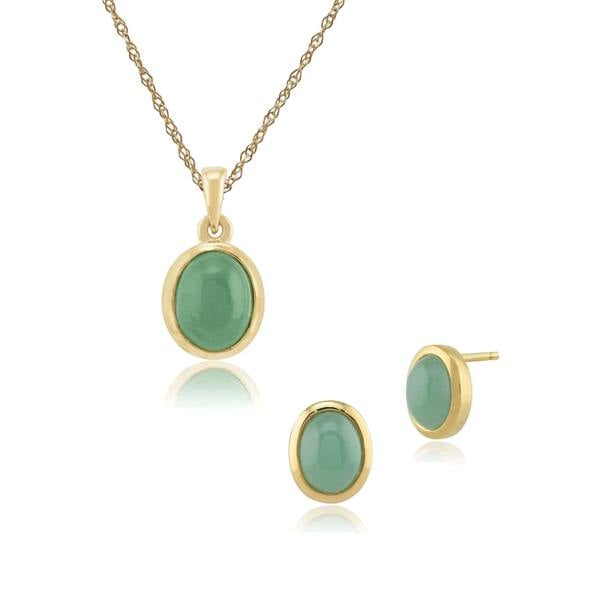18899-8040 Classic Oval Jade Bezel Stud Earrings & Pendant Set in 9ct Gold 1