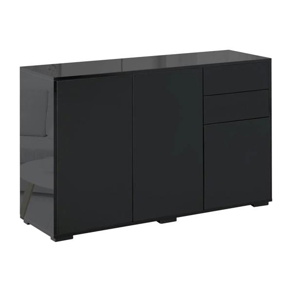 Black high-gloss side cabinet with two doors and two push-open drawers, modern low profile