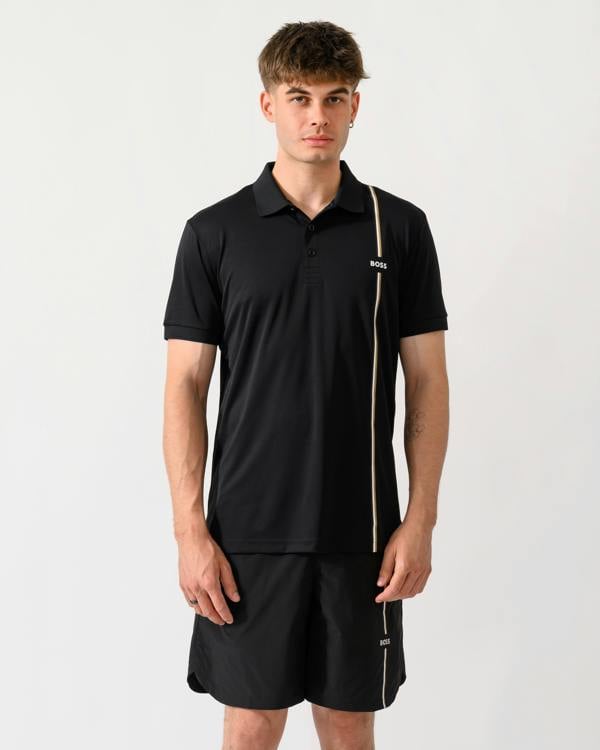 model wearing a BOSS Green TOC Game Mens Polo Shirt in Black 001