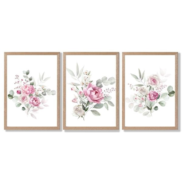 Set of 3 Pink Roses with Eucalyptus Bouquets Framed Art Prints with Light Oak Frames