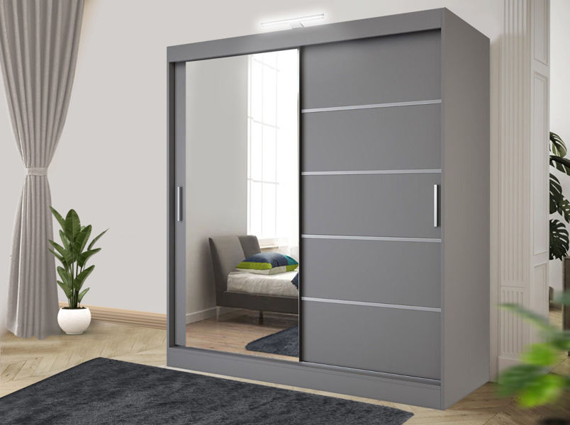 RAC3 Stylish Bedroom Sliding Wardrobe with LED Light -  comes in White/Grey/Black/Oak and Width 120cm/150cm/180cm/203cm/250cm (Black, 150cm)
