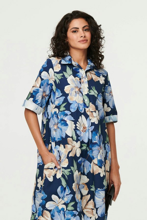 Navy | Floral Oversized Knee Length Shirt Dress
