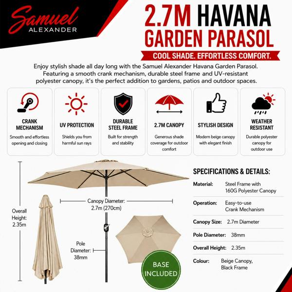 Samuel Alexander 2.7m Havana Garden Patio Parasol with Crank Handle in Beige with 9kg Base Included