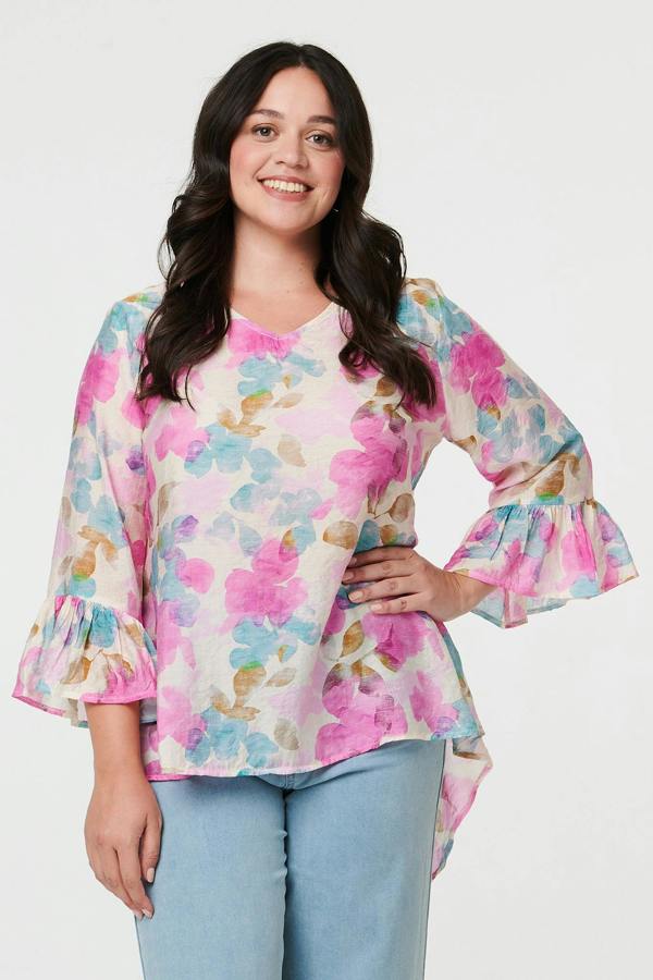 Pink | Curve Floral 3/4 Flare Sleeve Blouse
