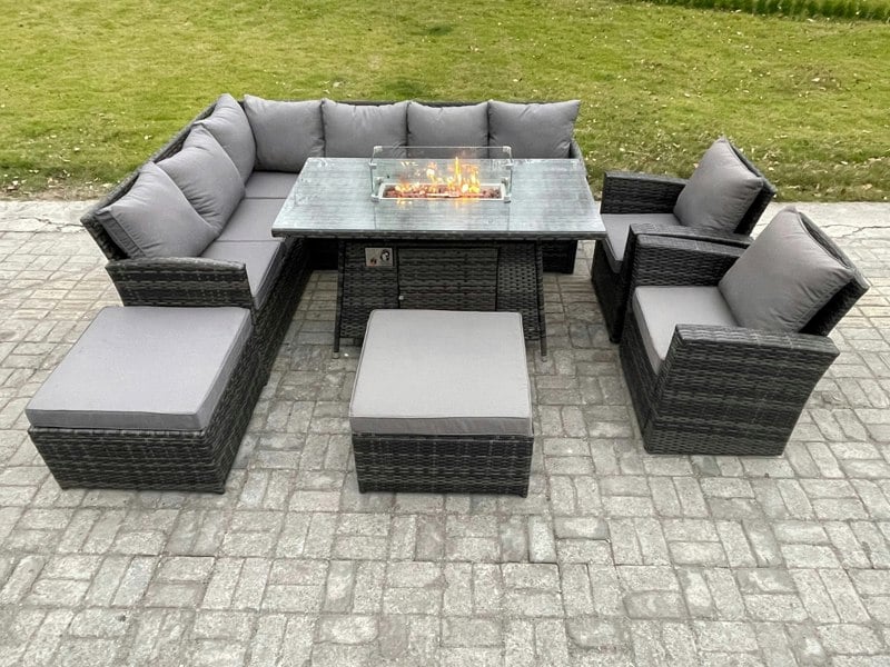 Fimous 10-Seater Rattan Corner Sofa Dining Set | Outdoor Gas Fire Pit Table & Heater, 2 Armchairs, 2 Footstools - Dark Grey