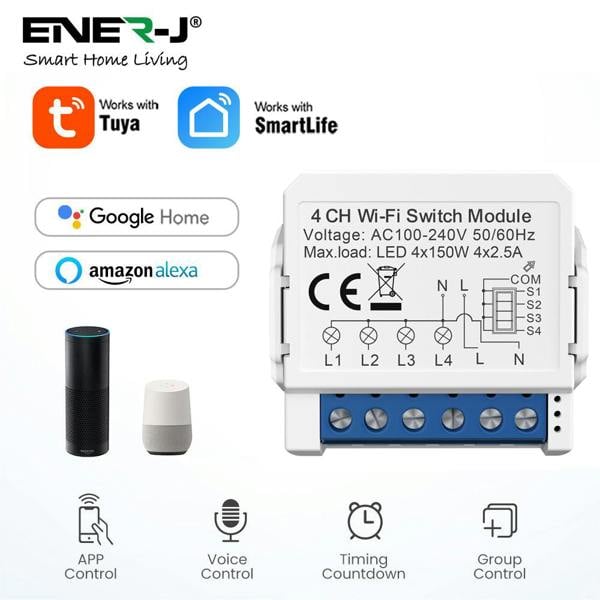 ENER-J Smart WiFi 4CH Switch Module, Converts Existing Switch to App & Voice Control, Works with Alexa & Google Assistant
