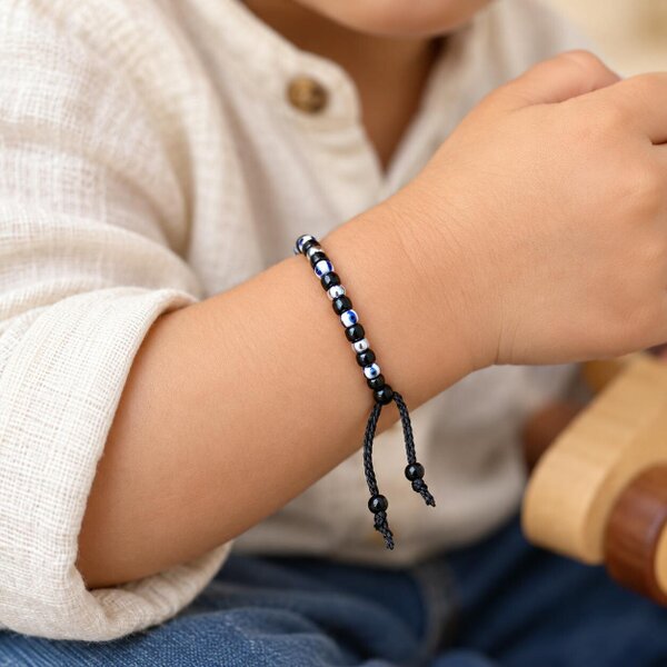 The Colourful Aura Adjustable Nylon Thread Black Beads Evil Eye Nazaria Bracelet for Kids and Babies