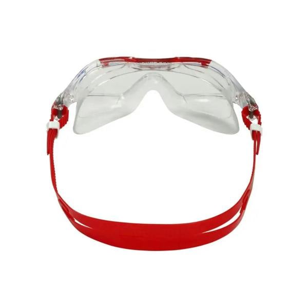 Clear lens Vista XP swim mask with red accents and adjustable strap