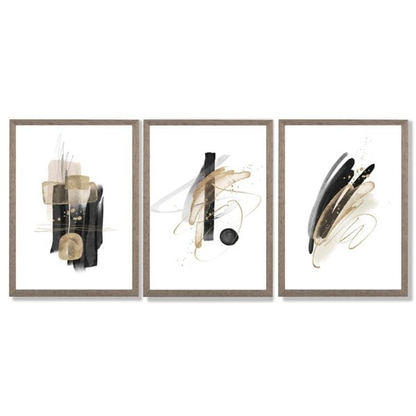 Set of 3 Abstract Black and Gold Fiesta Framed Art Prints with Light Walnut Frames